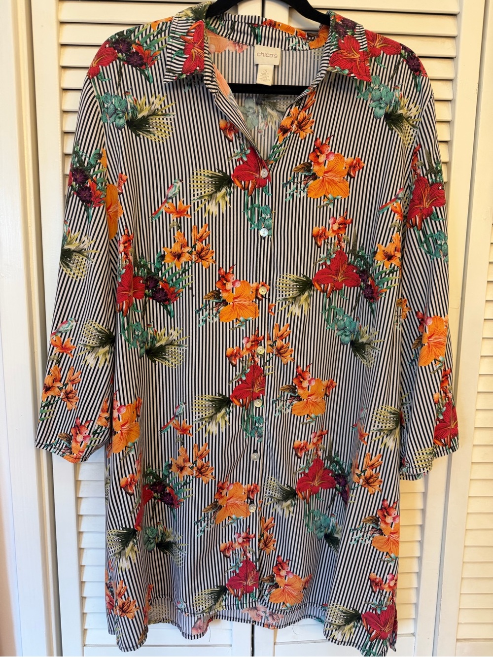 Chico's Black & White Striped Tunic with Red, Orange & Teal Floral Print